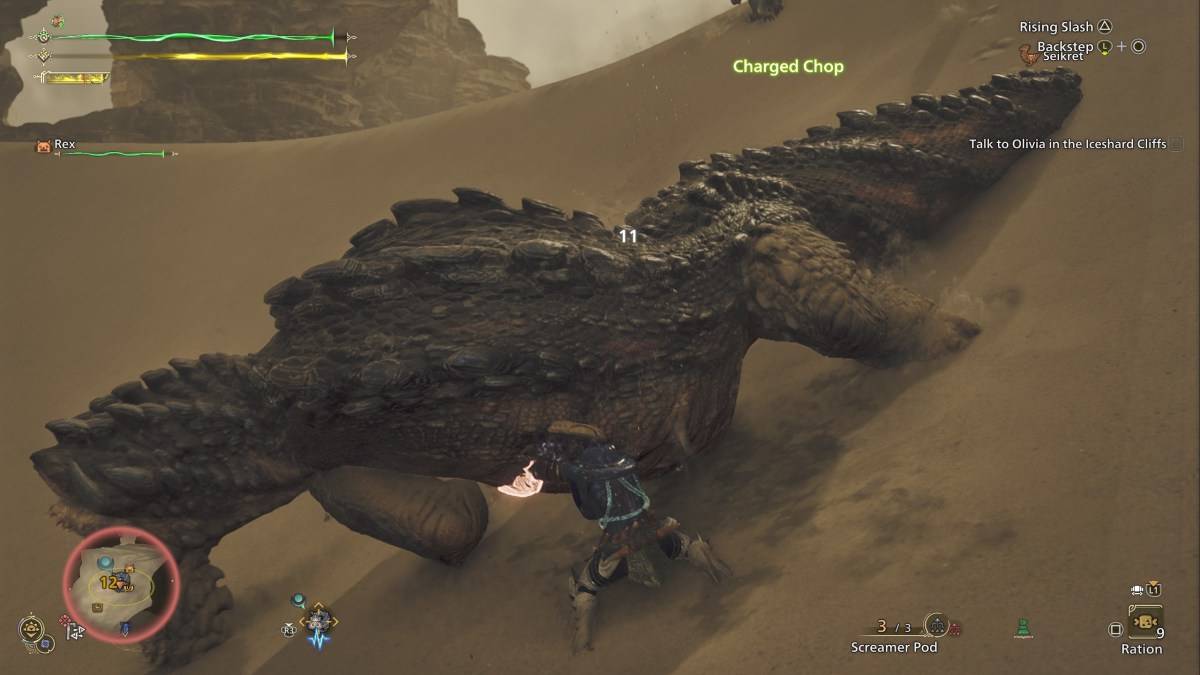 Pemburu di Monster Hunter Wilds melakukan serangan teras ke bawah dengan pedang dan perisai