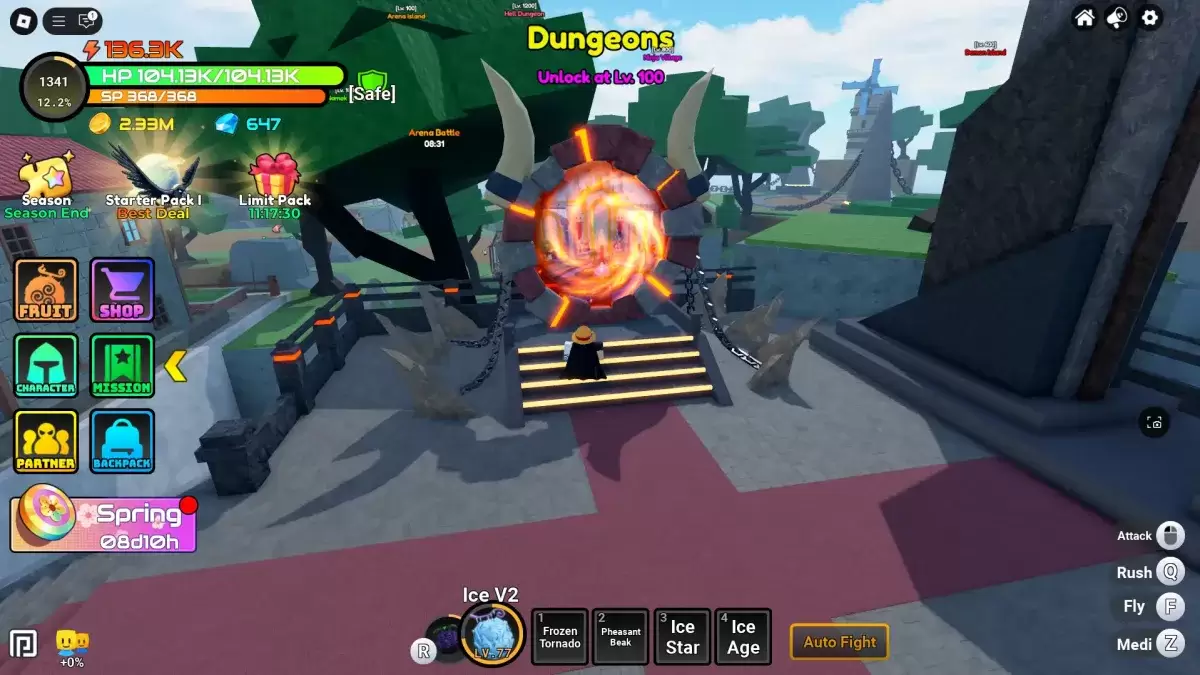 A player showing the location of the dungeon portal in Anime Fruit