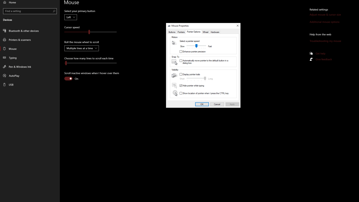 screenshot ng mga setting ng mouse sa mga bintana