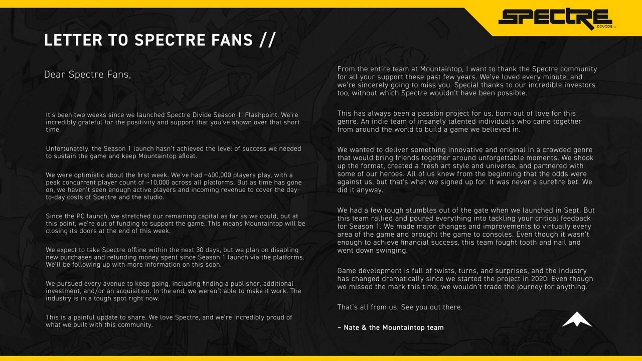 Spectre Divide Game and Development Studio Shut Down