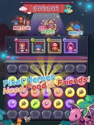 픽셀화된 캐릭터들이 있는 매치3 격자