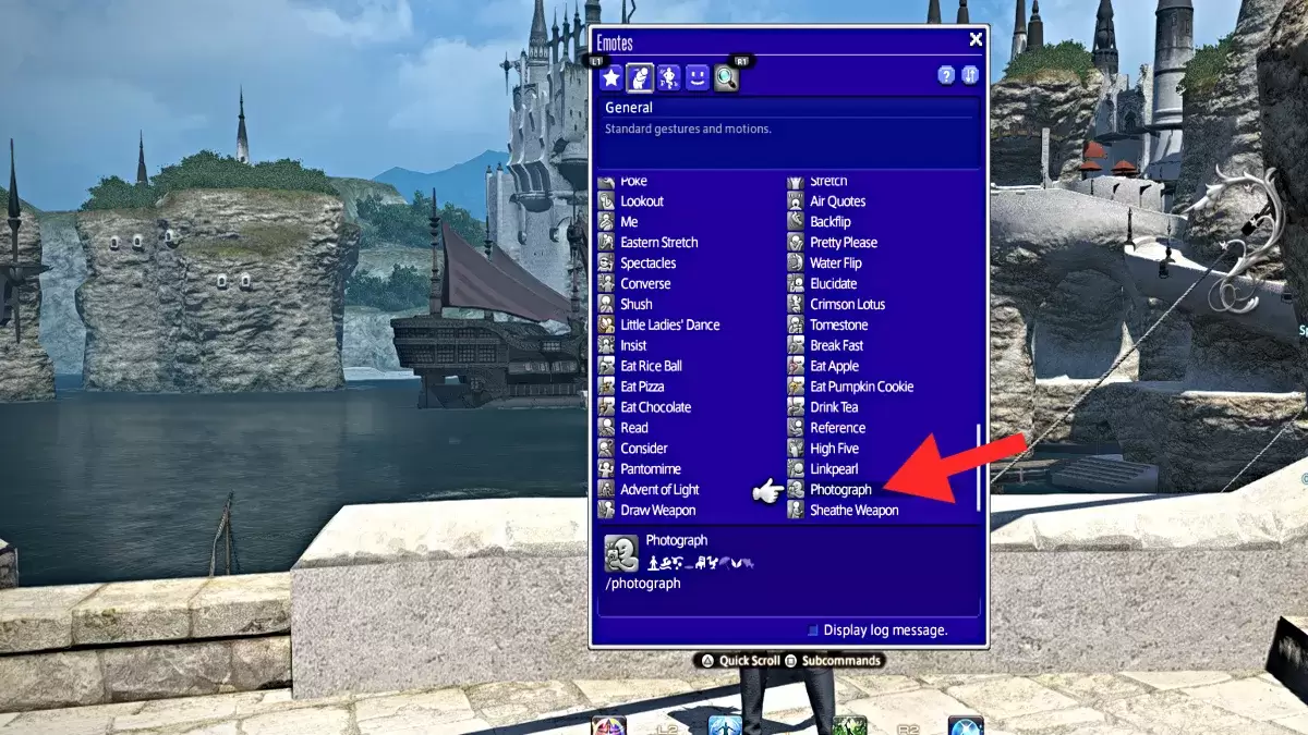 Screenshot showing the emote selection menu in FFXIV