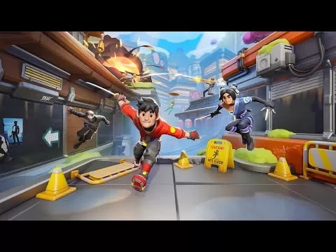 Ninja Party gameplay featuring colorful ninja characters in acrobatic combat