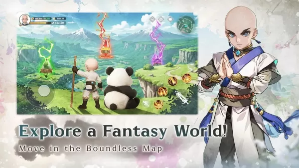 a panda and a boy looking towards a lush green world with gameplay icons overlayed on the screen