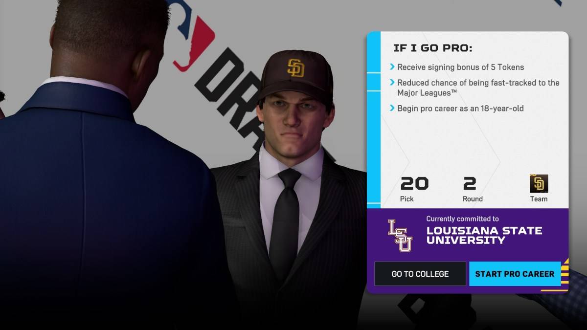 Auswahl zwischen College und Profis in MLB The Show 25 Road to the Show.