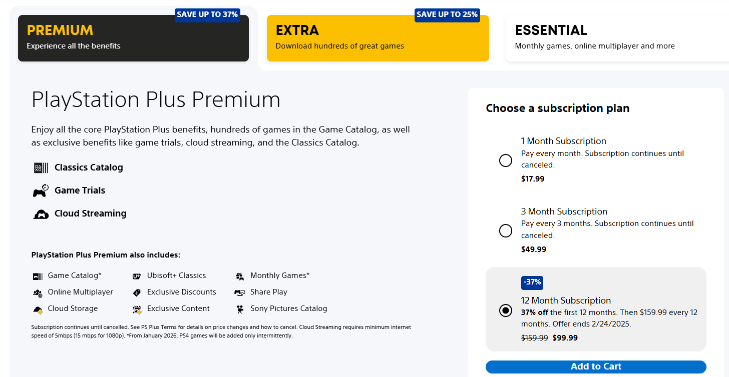 PlayStation Plus 프리미엄은 2 월 24 일까지 12 개월 동안 $ 99.99로 하락했습니다.
