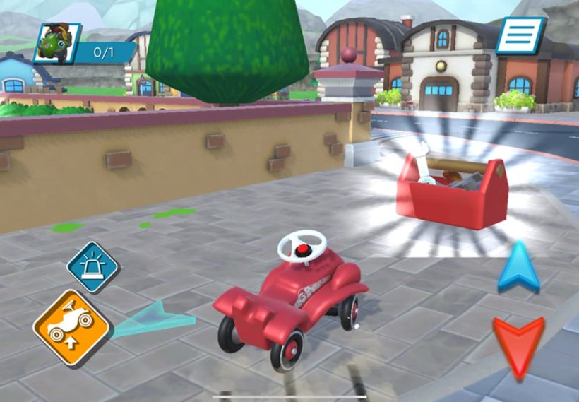 Screenshot van een rode speelgoedauto die rond een spoor slalomeert met knoppen op het scherm